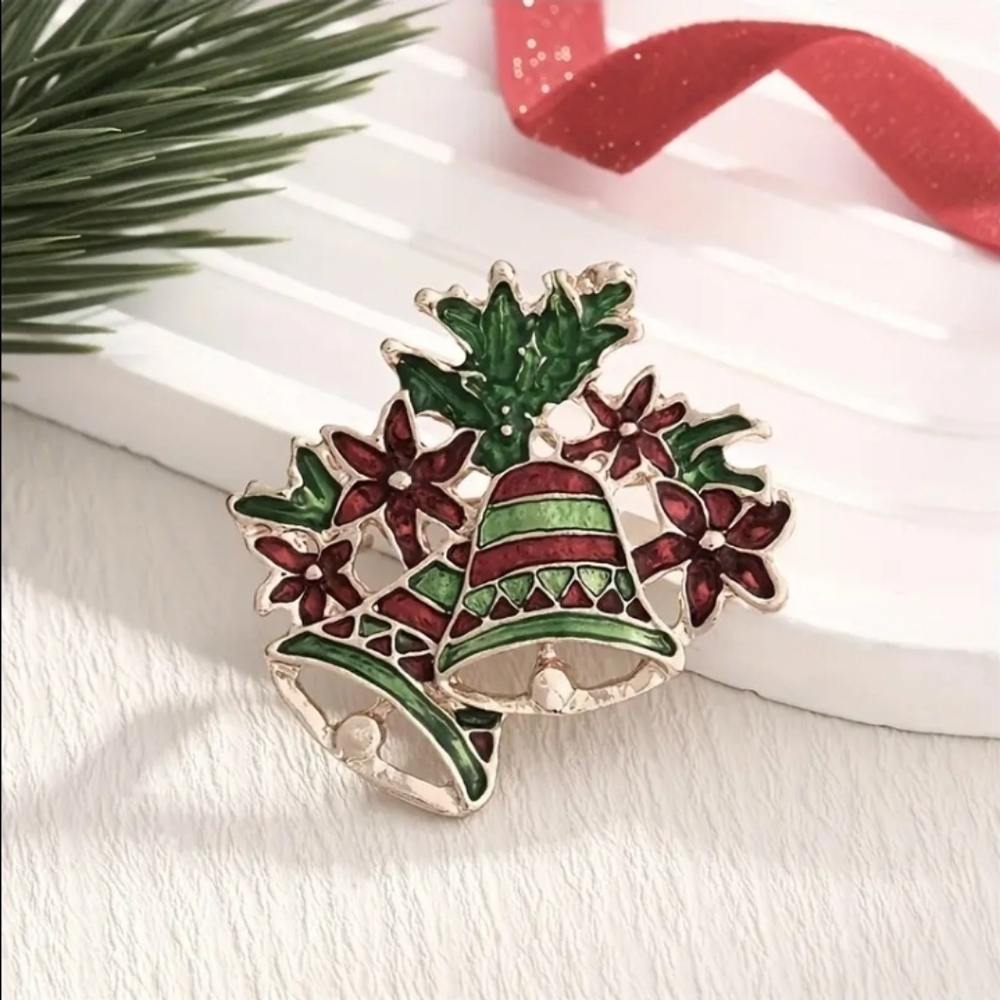 Festive Bell and Poinsettia Brooch. NEW!